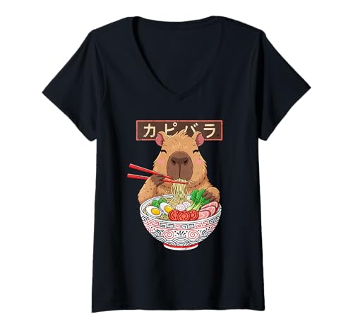 Damen Kawaii Capybara Eating Ramen-Nudelschale, Retro-Anime-Liebhaber T-Shirt mit V-Ausschnitt Damen Kawaii Capybara Eating Ramen-Nudelschale, Retro-Anime-Liebhaber T-Shirt mit V-Ausschnitt von Kawaii Capybara Foodie Vibes Co
