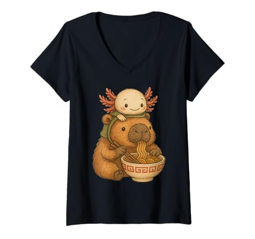 Damen Capybara und Axolot Rucksack Ramen Kawaii Capibara & Axolotl T-Shirt mit V-Ausschnitt Damen Capybara und Axolot Rucksack Ramen Kawaii Capibara & Axolotl T-Shirt mit V-Ausschnitt von Kawaii Capybara Ramen Bowl with Axolotl Backpack