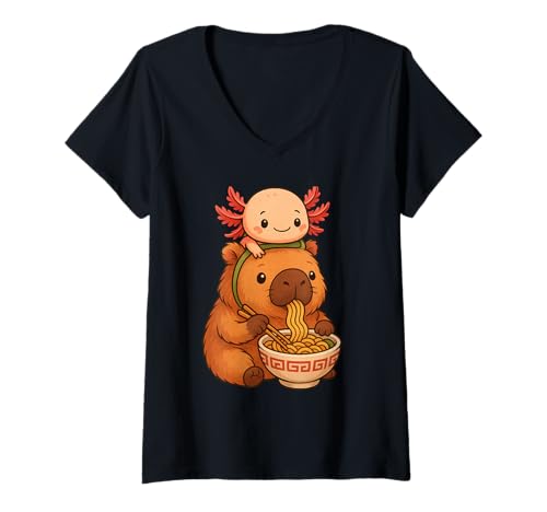 Damen Süße Capybara und Axolot Rucksack Ramen Kawaii Capibara Kinder T-Shirt mit V-Ausschnitt Damen Süße Capybara und Axolot Rucksack Ramen Kawaii Capibara Kinder T-Shirt mit V-Ausschnitt von Kawaii Capybara Ramen Bowl with Axolotl Backpack