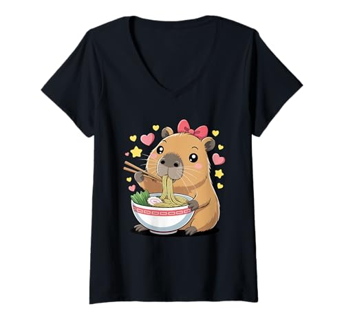Damen Capybara Kawaii Cute Ramen Capy Lover für Kinder und Mädchen T-Shirt mit V-Ausschnitt Damen Capybara Kawaii Cute Ramen Capy Lover für Kinder und Mädchen T-Shirt mit V-Ausschnitt von Kawaii Capybara Ramen Lover Gifts