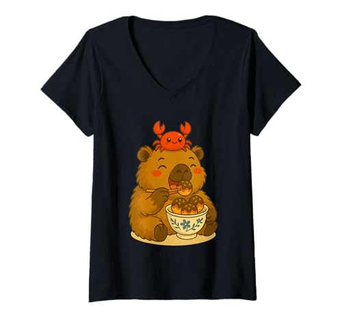 Damen Capybara mit Krabbe genießen Takoyaki Kawaii Japanisches Kunstwerk T-Shirt mit V-Ausschnitt Damen Capybara mit Krabbe genießen Takoyaki Kawaii Japanisches Kunstwerk T-Shirt mit V-Ausschnitt von Kawaii Capybara with Crab Eating Japanese Takoyaki