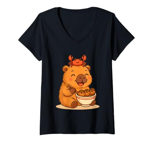 Damen Entzückende Capybara mit Krabbe, die Takoyaki Kawaii Kunstwerk isst T-Shirt mit V-Ausschnitt Damen Entzückende Capybara mit Krabbe, die Takoyaki Kawaii Kunstwerk isst T-Shirt mit V-Ausschnitt von Kawaii Capybara with Crab Eating Japanese Takoyaki