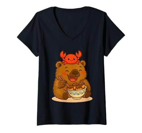 Damen Entzückende Capybara mit Krabbe, die Takoyaki Kawaii Kunstwerk isst T-Shirt mit V-Ausschnitt Damen Entzückende Capybara mit Krabbe, die Takoyaki Kawaii Kunstwerk isst T-Shirt mit V-Ausschnitt von Kawaii Capybara with Crab Eating Japanese Takoyaki