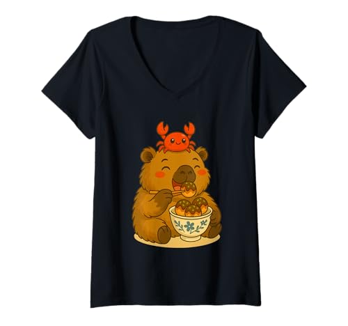 Damen Entzückende Capybara mit Krabbe, die Takoyaki Kawaii Kunstwerk isst T-Shirt mit V-Ausschnitt Damen Entzückende Capybara mit Krabbe, die Takoyaki Kawaii Kunstwerk isst T-Shirt mit V-Ausschnitt von Kawaii Capybara with Crab Eating Japanese Takoyaki