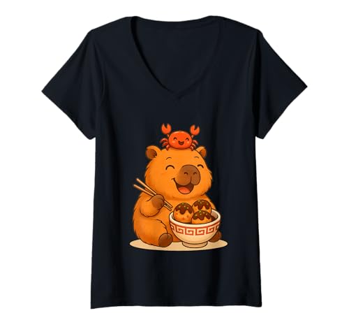 Damen Kawaii Capybara mit Krabben Essen Takoyaki Japanisches Essen T-Shirt mit V-Ausschnitt Damen Kawaii Capybara mit Krabben Essen Takoyaki Japanisches Essen T-Shirt mit V-Ausschnitt von Kawaii Capybara with Crab Eating Japanese Takoyaki