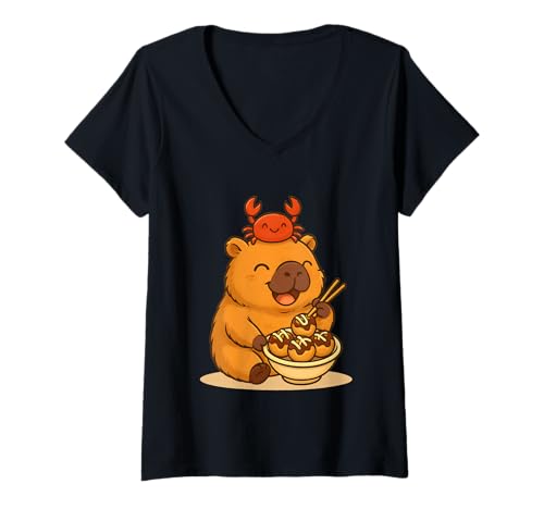Damen Süße Capybara und Krabben Essen Tokoyaki Japanisches Street Food T-Shirt mit V-Ausschnitt Damen Süße Capybara und Krabben Essen Tokoyaki Japanisches Street Food T-Shirt mit V-Ausschnitt von Kawaii Capybara with Crab Eating Japanese Takoyaki