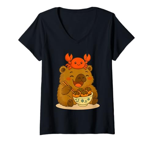 Damen Süße Capybara und Krabben Essen Tokoyaki Japanisches Street Food T-Shirt mit V-Ausschnitt Damen Süße Capybara und Krabben Essen Tokoyaki Japanisches Street Food T-Shirt mit V-Ausschnitt von Kawaii Capybara with Crab Eating Japanese Takoyaki