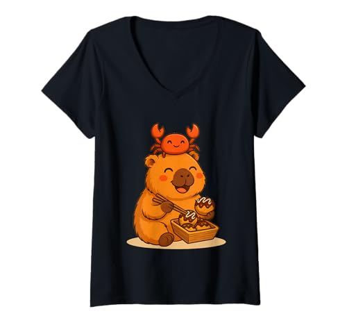 Damen Süße Capybara und Krabben Essen Tokoyaki Japanisches Street Food T-Shirt mit V-Ausschnitt Damen Süße Capybara und Krabben Essen Tokoyaki Japanisches Street Food T-Shirt mit V-Ausschnitt von Kawaii Capybara with Crab Eating Japanese Takoyaki