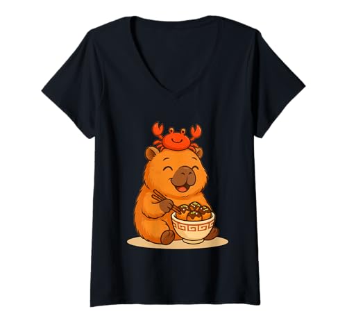 Damen Süße Capybara und Krabben Essen Tokoyaki Japanisches Street Food T-Shirt mit V-Ausschnitt Damen Süße Capybara und Krabben Essen Tokoyaki Japanisches Street Food T-Shirt mit V-Ausschnitt von Kawaii Capybara with Crab Eating Japanese Takoyaki