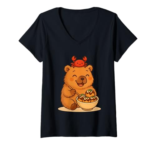 Damen Süße Capybara und Krabben Essen Tokoyaki japanischen Lebensmittelliebhaber T-Shirt mit V-Ausschnitt Damen Süße Capybara und Krabben Essen Tokoyaki japanischen Lebensmittelliebhaber T-Shirt mit V-Ausschnitt von Kawaii Capybara with Crab Eating Japanese Takoyaki