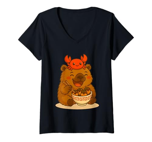 Damen Süße Capybara und Krabben Essen Tokoyaki japanischen Lebensmittelliebhaber T-Shirt mit V-Ausschnitt Damen Süße Capybara und Krabben Essen Tokoyaki japanischen Lebensmittelliebhaber T-Shirt mit V-Ausschnitt von Kawaii Capybara with Crab Eating Japanese Takoyaki