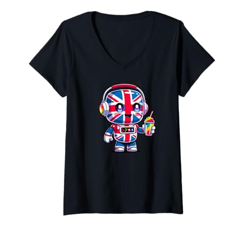 Damen Kids Union Roboter, britische Flagge und Rainbow Slushy T-Shirt mit V-Ausschnitt von Kawaii Cartoon UK Robot Mascot Design