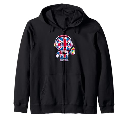Kids Union Roboter, britische Flagge und Rainbow Slushy Kapuzenjacke von Kawaii Cartoon UK Robot Mascot Design