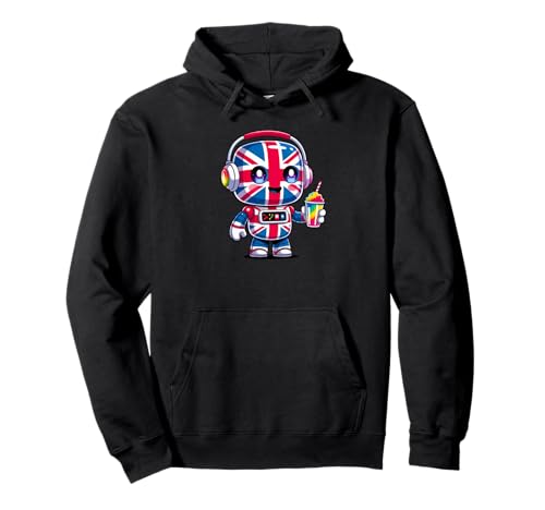 Kids Union Roboter, britische Flagge und Rainbow Slushy Pullover Hoodie von Kawaii Cartoon UK Robot Mascot Design