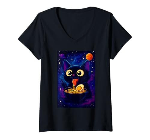 Damen Kosmisch, Katze, Essen, Ramen im Weltraum Kawaii Ramen Japanisch T-Shirt mit V-Ausschnitt Damen Kosmisch, Katze, Essen, Ramen im Weltraum Kawaii Ramen Japanisch T-Shirt mit V-Ausschnitt von Kawaii Cat, Lovers United Adorable