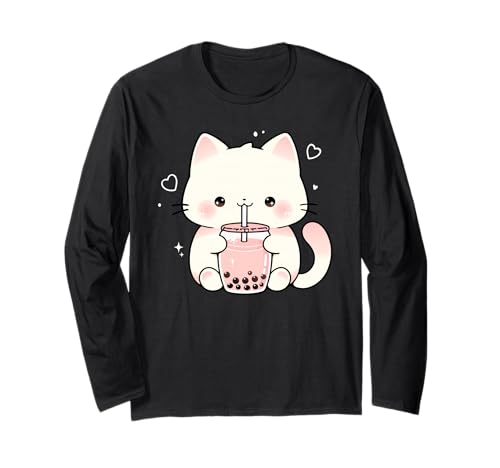Kawaii Katze Boba Japanische niedliche ästhetische Anime Mädchen Teens Langarmshirt von Kawaii Cat Boba Japanese cute aesthetic Anime Girl