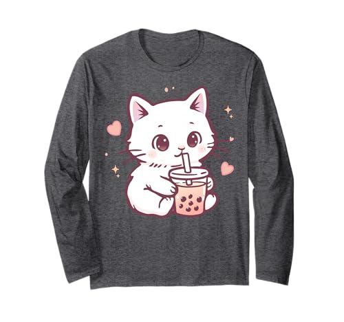 Kawaii Katze Boba Japanische niedliche ästhetische Anime Mädchen Teens Langarmshirt von Kawaii Cat Boba Japanese cute aesthetic Anime Girl