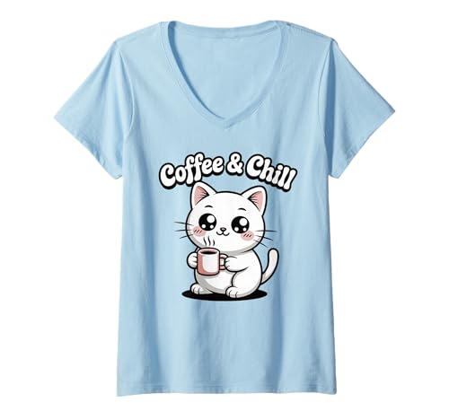 Damen Coffee and Chill Cute Kawaii Cat Lover Shirt für Herren, Damen und Teenager T-Shirt mit V-Ausschnitt Damen Coffee and Chill Cute Kawaii Cat Lover Shirt für Herren, Damen und Teenager T-Shirt mit V-Ausschnitt von Kawaii Cat Coffee Lover Cute Trendy Tees