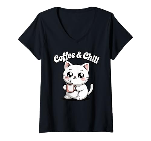 Damen Coffee and Chill Cute Kawaii Cat Lover Shirt für Herren, Damen und Teenager T-Shirt mit V-Ausschnitt Damen Coffee and Chill Cute Kawaii Cat Lover Shirt für Herren, Damen und Teenager T-Shirt mit V-Ausschnitt von Kawaii Cat Coffee Lover Cute Trendy Tees