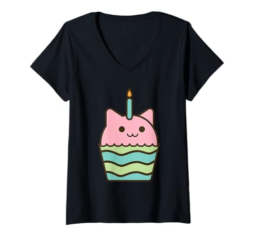 Damen Niedlicher Geburtstagskatzen-Cupcake mit Einer Kerze T-Shirt mit V-Ausschnitt Damen Niedlicher Geburtstagskatzen-Cupcake mit Einer Kerze T-Shirt mit V-Ausschnitt von Kawaii Cat Cupcake Birthday Designs