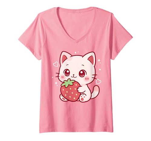 Damen Kawaii-Katze, Erdbeere, niedlich, ästhetisch, Anime, Mädchen, Teenager, Kinder T-Shirt mit V-Ausschnitt Damen Kawaii-Katze, Erdbeere, niedlich, ästhetisch, Anime, Mädchen, Teenager, Kinder T-Shirt mit V-Ausschnitt von Kawaii Cat Cute Strawberry aesthetic Anime Girls