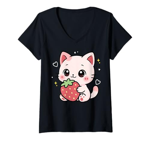 Damen Kawaii-Katze, Erdbeere, niedlich, ästhetisch, Anime, Mädchen, Teenager, Kinder T-Shirt mit V-Ausschnitt Damen Kawaii-Katze, Erdbeere, niedlich, ästhetisch, Anime, Mädchen, Teenager, Kinder T-Shirt mit V-Ausschnitt von Kawaii Cat Cute Strawberry aesthetic Anime Girls
