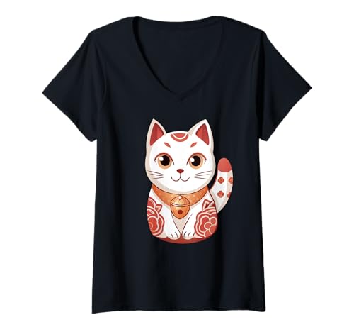 Damen Süße Katze Japanisch Viel Glück T-Shirt mit V-Ausschnitt von Kawaii Cat Designs