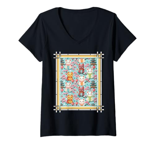 Damen Süße japanische Katzen in einem Blumengarten T-Shirt mit V-Ausschnitt von Kawaii Cat Designs