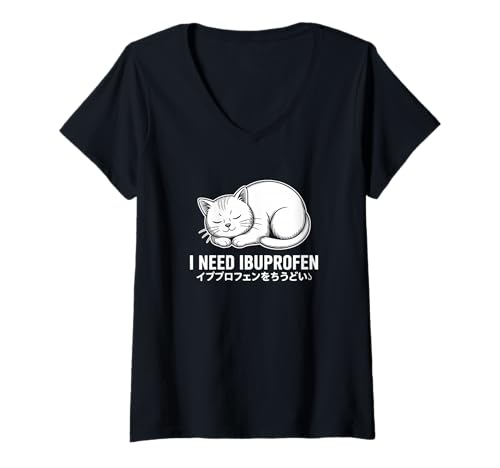 Damen I Need Ibuprofen Lustige Katze Meme Japanisch T-Shirt mit V-Ausschnitt von Kawaii Cat Funny Ibuprofen Meme - DressedForDuty