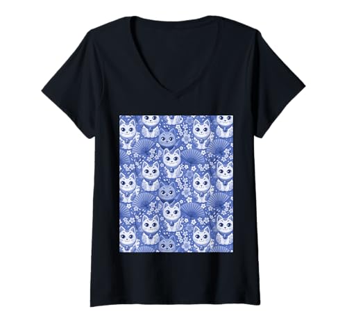 Damen Japanisches Glückskatzenmuster, Blau und Weiß T-Shirt mit V-Ausschnitt Damen Japanisches Glückskatzenmuster, Blau und Weiß T-Shirt mit V-Ausschnitt von Kawaii Cat Gifts