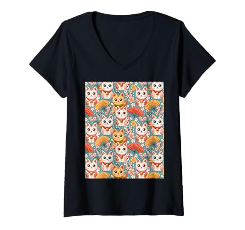 Damen Süße japanische Katzen und Kirschblüten T-Shirt mit V-Ausschnitt Damen Süße japanische Katzen und Kirschblüten T-Shirt mit V-Ausschnitt von Kawaii Cat Gifts