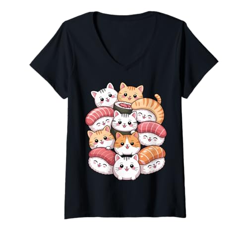 Damen Kawaii Sushi Katzen T-Shirt mit V-Ausschnitt Damen Kawaii Sushi Katzen T-Shirt mit V-Ausschnitt von Kawaii Cat Lovers Apparel