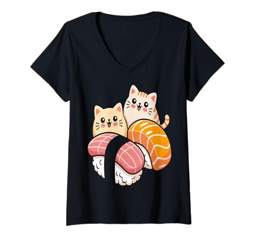 Damen Süße Kawaii-Sushi-Katzen T-Shirt mit V-Ausschnitt Damen Süße Kawaii-Sushi-Katzen T-Shirt mit V-Ausschnitt von Kawaii Cat Lovers Apparel