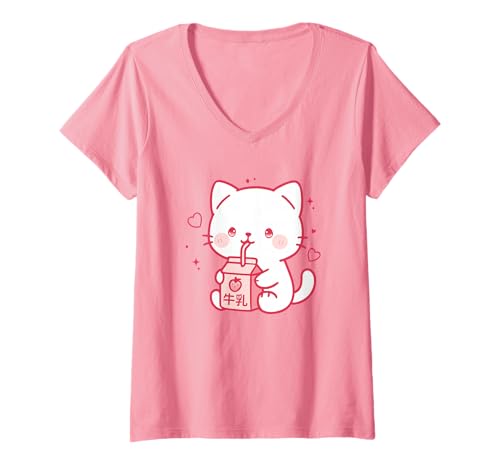 Damen Kawaii Katze Erdbeermilch Niedlich Ästhetik Anime Mädchen Teens T-Shirt mit V-Ausschnitt von Kawaii Cat Milk Japanese cute aesthetic Anime Girl