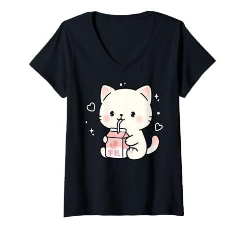 Damen Kawaii Katze Erdbeermilch Niedlich Ästhetik Anime Mädchen Teens T-Shirt mit V-Ausschnitt von Kawaii Cat Milk Japanese cute aesthetic Anime Girl