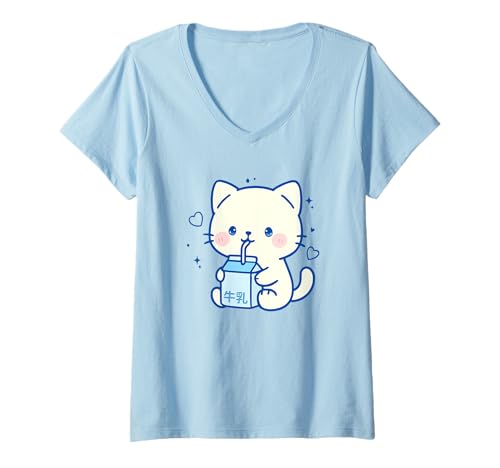 Damen Kawaii Katzenmilch Japanisch niedlich ästhetisch Anime Mädchen Teens T-Shirt mit V-Ausschnitt Damen Kawaii Katzenmilch Japanisch niedlich ästhetisch Anime Mädchen Teens T-Shirt mit V-Ausschnitt von Kawaii Cat Milk Japanese cute aesthetic Anime Girl