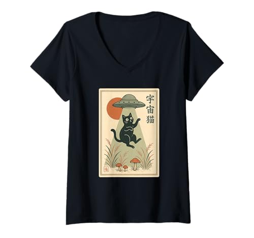 Damen Süße Schwarze Katze isst Ramen Nudeln Japanische Kawaii T-Shirt mit V-Ausschnitt Damen Süße Schwarze Katze isst Ramen Nudeln Japanische Kawaii T-Shirt mit V-Ausschnitt von Kawaii Cat Ramen Bowl Anime Apparel