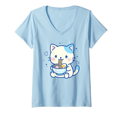 Damen Kawaii Katze Ramen Japanisch Niedlich Ästhetik Anime Mädchen Teens T-Shirt mit V-Ausschnitt Damen Kawaii Katze Ramen Japanisch Niedlich Ästhetik Anime Mädchen Teens T-Shirt mit V-Ausschnitt von Kawaii Cat Ramen Cute aesthetic Anime Teens Kids
