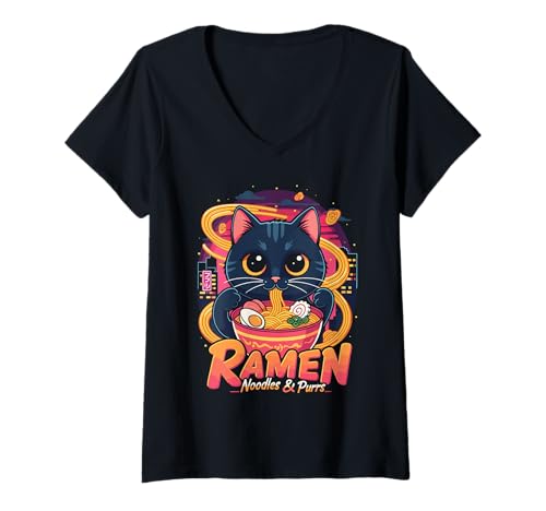 Damen Ramen Cat - Noodles & Purrs T-Shirt mit V-Ausschnitt Damen Ramen Cat - Noodles & Purrs T-Shirt mit V-Ausschnitt von Kawaii Cat Ramen Designs