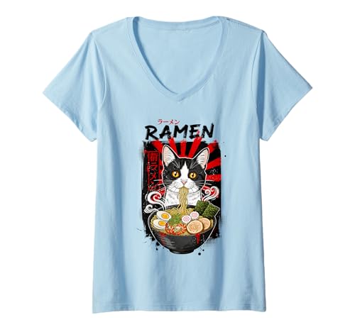 Damen Cat Ramen Noodle Japanese Anime Manga Kawaii Cat T-Shirt mit V-Ausschnitt Damen Cat Ramen Noodle Japanese Anime Manga Kawaii Cat T-Shirt mit V-Ausschnitt von Kawaii Cat Ramen Noodle Anime Merch Tees
