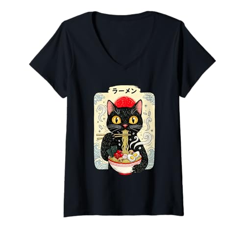 Damen Cat Ramen Noodle Japanese Anime Manga Kawaii Cat T-Shirt mit V-Ausschnitt Damen Cat Ramen Noodle Japanese Anime Manga Kawaii Cat T-Shirt mit V-Ausschnitt von Kawaii Cat Ramen Noodle Anime Merch Tees