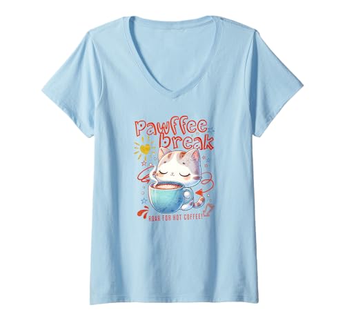 Damen Kawaii-Katze mit Kaffee, süßem Koffein und Katzen-Design T-Shirt mit V-Ausschnitt Damen Kawaii-Katze mit Kaffee, süßem Koffein und Katzen-Design T-Shirt mit V-Ausschnitt von Kawaii Cat and Cute Feline Designs Collection