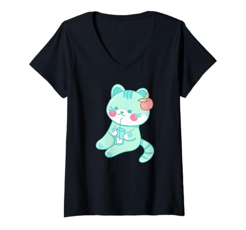 Damen Kawaii Cat - Lustige Katze T-Shirt mit V-Ausschnitt von Kawaii Cat