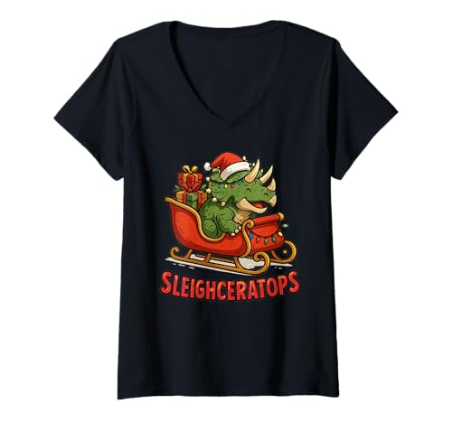 Damen Sleighceratops Süßer Ceratops Dinosaurier Lustiger Weihnachtsdino T-Shirt mit V-Ausschnitt Damen Sleighceratops Süßer Ceratops Dinosaurier Lustiger Weihnachtsdino T-Shirt mit V-Ausschnitt von Kawaii Ceratops XMAS Pajama Dinosaur Design