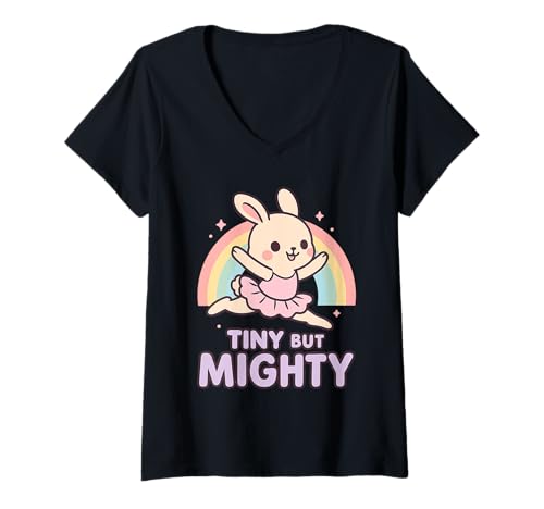 Damen Tiny But Mighty Kawaii Bunny Ballerina Groovy Ballet T-Shirt mit V-Ausschnitt Damen Tiny But Mighty Kawaii Bunny Ballerina Groovy Ballet T-Shirt mit V-Ausschnitt von Kawaii Chibi Rabbit Ballerina Dance Design