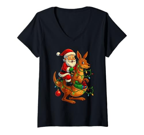 Damen Niedliches Känguru-Weihnachtsmann, festliches Tier, Weihnachten T-Shirt mit V-Ausschnitt von Kawaii Christmas Kangaroo Santa XMAS Design