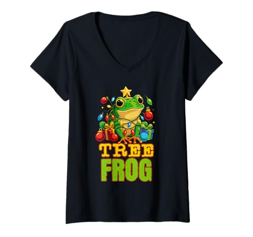 Damen Lustiger Weihnachtsbaumfrosch, niedlich, Cottagecore T-Shirt mit V-Ausschnitt Damen Lustiger Weihnachtsbaumfrosch, niedlich, Cottagecore T-Shirt mit V-Ausschnitt von Kawaii Christmas Lights Frog Xmas Pajama Holiday