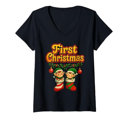 Damen Festlicher Weihnachtspyjama mit süßen Elfen für Babys T-Shirt mit V-Ausschnitt Damen Festlicher Weihnachtspyjama mit süßen Elfen für Babys T-Shirt mit V-Ausschnitt von Kawaii Christmas PJ Elf in Stocking XMAS Holidays