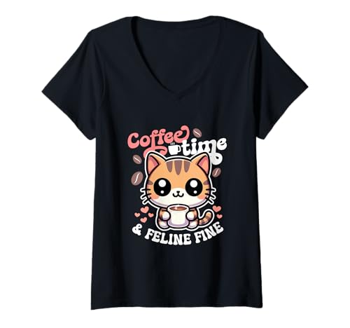 Damen Coffee Time & Feline Fine Cute Kawaii Katzenliebhaber Morgen T-Shirt mit V-Ausschnitt Damen Coffee Time & Feline Fine Cute Kawaii Katzenliebhaber Morgen T-Shirt mit V-Ausschnitt von Kawaii Coffee Cat Feeling Fine Cartoon Design