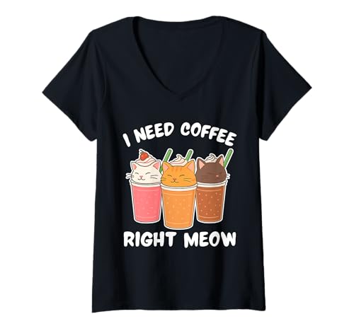 Damen I Need Coffee Right Meow Lustige Katze Grafik T-Shirt mit V-Ausschnitt Damen I Need Coffee Right Meow Lustige Katze Grafik T-Shirt mit V-Ausschnitt von Kawaii Coffee Cats Co.